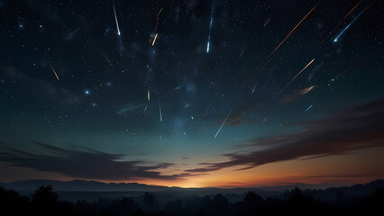 Fototapeta premium Abstract background illustrating multiple meteors falling towards a horizon