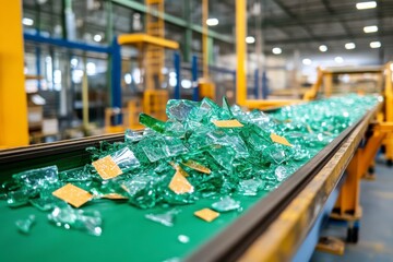 Glass Conveyor, Green glass fragments moving along a conveyor belt in a factory, Recycling Workflow.