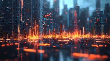 Obraz premium A futuristic cityscape glows with vibrant lights and lines, creating an electric atmosphere that captures the essence of advanced urban design.