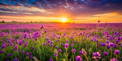 Beautiful field of purple flowers at sunset with field of grass in foreground