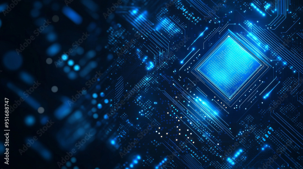 Poster light blue cpu set against a dark technology background, featuring an abstract digital polygonal com