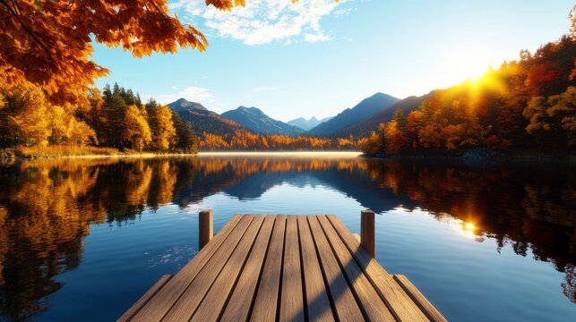 Autumn Serenity, Scenic lake with vibrant autumn trees and a wooden pier at sunset, Tranquil Nature.