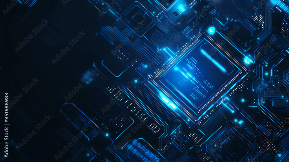 Poster light blue cpu set against a dark technology background, featuring an abstract digital polygonal com