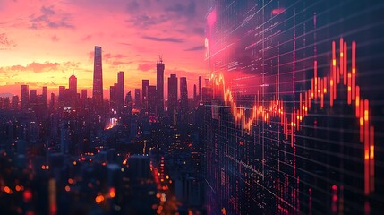 Stock market data overlays a city skyline at sunset, merging the world of finance with the dynamic backdrop of urban life.
