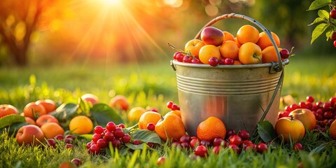 Naklejka premium Field of oranges, red berries, and bucket of fruit on grass