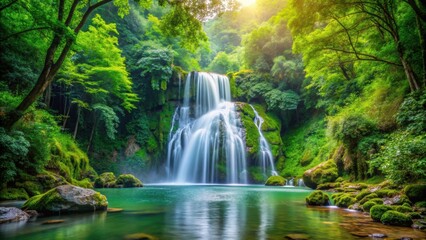 Fototapeta premium Scenic waterfall surrounded by lush green forest , nature, landscape, serene, peaceful, cascading, refreshing