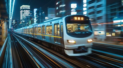 Obraz premium High-speed train moving through city at night