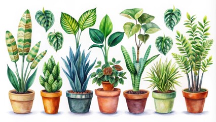 Obraz premium Hand-drawn houseplants s in guache on paper, hand-drawn, inky, houseplants, guache, paper,art, botanical