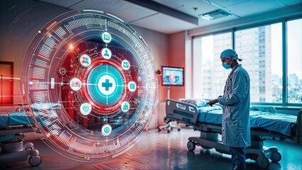 A digital screen displays medical icons and data in a hospital environment. Medical care concept, symbolizing the intersection between medicine and technology.