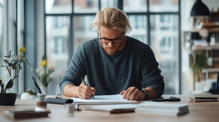Fototapeta premium A blonde man drafting notes at a sleek, modern desk with minimalistic design and a calming workspace atmosphere.