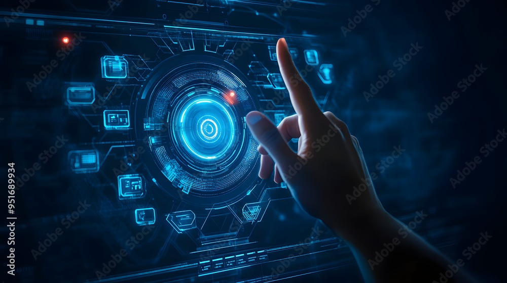 Poster hand touch digital hud interface futuristic technology background of virtual computer screen display