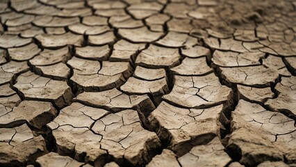 Close-up of cracked, dry earth in a desert landscape.