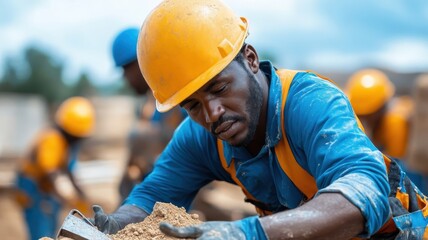 African men in rescue unit uniforms, engaged in a coordinated rescue operation, using specialized tools and working alongside other first responders.