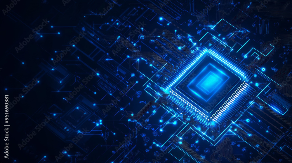 Poster light blue cpu set against a dark technology background, featuring an abstract digital polygonal com