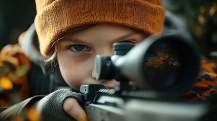 Kid pretending to be a sniper, using toy sniper gear and camouflage in a playful, simulated environment, showing enthusiasm and imagination.