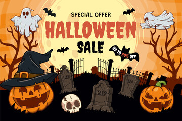 Halloween Sale background with Spooky Halloween Elements. Vector Illustration