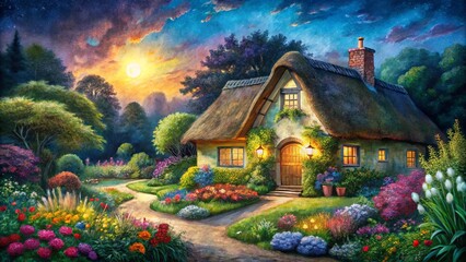 Fototapeta premium Watercolor of a charming thatched cottage at night surrounded by a colorful flower garden