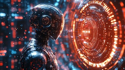 A futuristic cyborg robot faces a glowing digital portal, symbolizing the boundary between human and machine.