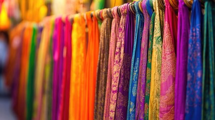 Rows of colorful dupattas hanging in a traditional Indian market, representing the vibrant culture and fashion