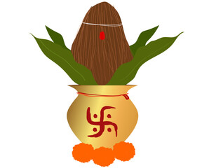 Puja samagri, aarti thali kalash, nariyal with marigold garland. Auspicious kalash in hindu culture and tradition vector. 