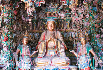 Naklejka premium Gilded sculptures & painted statues art of the Ming and Qing Dynasties in Minor Western Heaven Mahavira Temple, Linfen, Shanxi Province, China - a famous ancient building in the game Black Myth Wukong