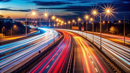 Highway traffic at night with blurred lights streaking by , night, highway, traffic, car, vehicle, speed, motion, lights, transportation