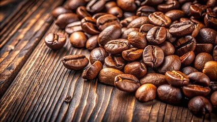 Naklejka premium Close up of roasted coffee beans on a rustic wooden surface, symbolizing energy, aroma, caffeine, nature, and warmth