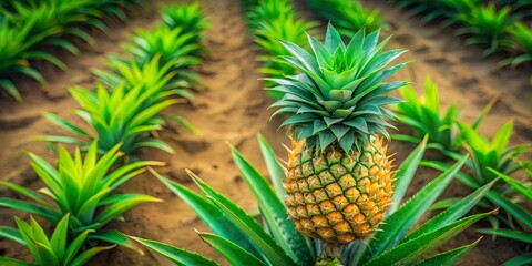 Top view of vibrant pineapple plant among sparse green weeds on sandy organic farm ground, natural texture and rustic tones