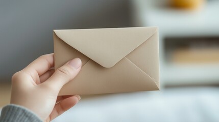A Hand Holding a Blank Envelope for Communication, Invitation, or Secret Message Delivery in a Neutral Setting