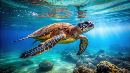 Obraz premium Graceful Honu swimming peacefully in the ocean, Honu, sea turtle, underwater, marine life, elegant, graceful, beauty, ocean