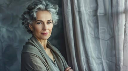 radiant middleaged woman exudes confidence and grace soft flattering lighting highlights her natural beauty elegant pose against timeless backdrop celebrates aging with style and wisdom