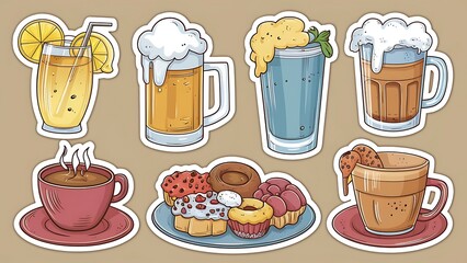 Obraz premium Set of stickers of drinks lemonade, beer, water, coffee and pastries. Vector.
