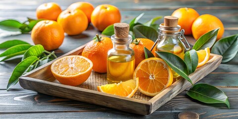 A tray with fresh oranges, a bottle of orange essential oil, and leafy decorations on top