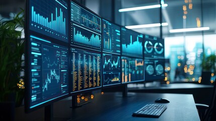 High-tech trading desk with multiple monitors displaying financial data in a modern office