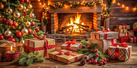Christmas presents and decorations scattered in front of a cozy fireplace, creating a warm and festive atmosphere