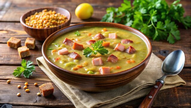 Traditional Finnish split pea soup Hernekeitto with ham pieces , Finnish, split pea soup, Hernekeitto, soup