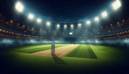 Cricket stadium at night hyper realistic dramatic background.