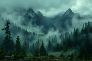 Misty Mountain Forest with Pine Trees and Dramatic Fog