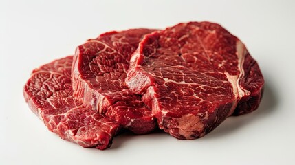 Obraz premium raw beef cut on stark white background hyperrealistic detail of meat texture and marbling rich red tones clean composition focus on quality and freshness