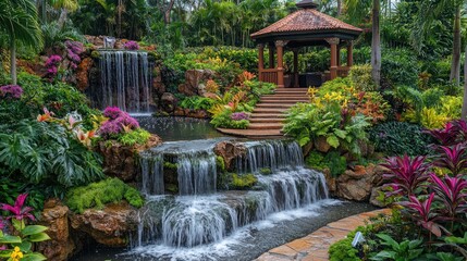 Fototapeta premium A serene garden featuring waterfalls, lush plants, and a gazebo for relaxation.