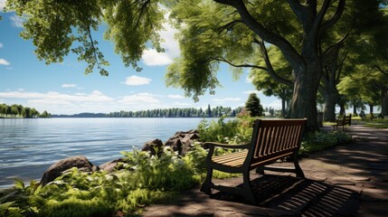 Beautiful green park near the lake with a bench