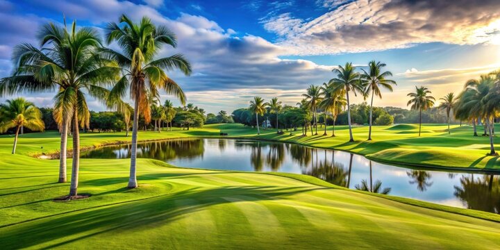 South Florida golf course with lush green fairways and palm trees , tropical, sunny, resort, vacation, golfing