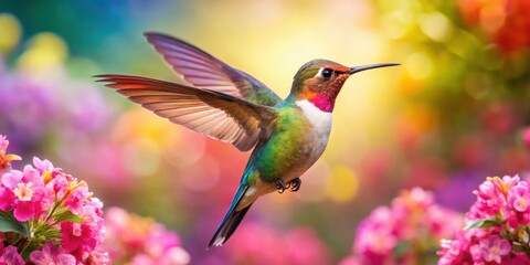 Fototapeta premium Colorful hummingbird flying near blooming flowers, hummingbird, small, colorful, plumage, flying, blooming flowers, vibrant