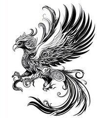 Obraz premium A stylized black and white illustration of a phoenix with intricate designs and feathers.
