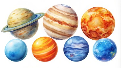 Watercolor s of planets including sun, earth, jupiter, saturn, and mars, perfect for celestial themed designs