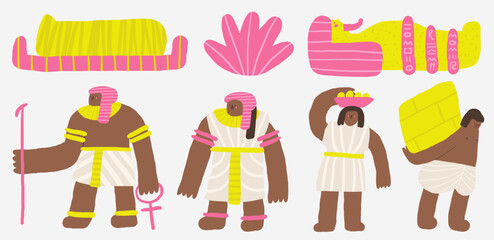 Cute ancient Egypt people set with funny hand drawn doodle Egypt pharaoh king man person, princess, female royal person, sarcophagus, slave, worker. Old civilization Egyptian tribe human