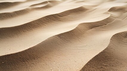 Close-up of sand dunes creating a wavy pattern, with sunlight illuminating the texture.