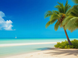 Fototapeta premium Tropical beach, white sand, turquoise sea or ocean, palm trees. Vacation, summer.
