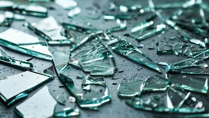 Close-up of sharp, jagged pieces of broken glass scattered on a dark surface.