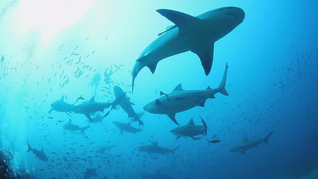 Immerse yourself in enchanting underwater realm, where you witness spectacular view of group of sharks elegantly navigating deep blue sea, highlighting splendor and variety of marine life
